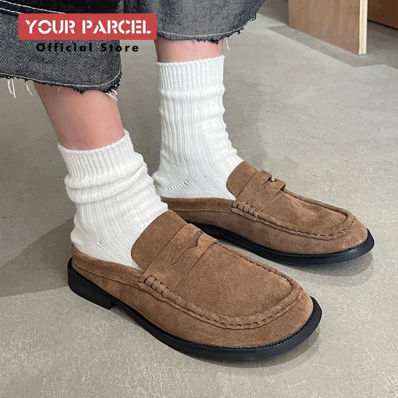 

Cow suede backless leather shoes for men slip in loafers summer new slippers fashionable and breathable Mules shoes
