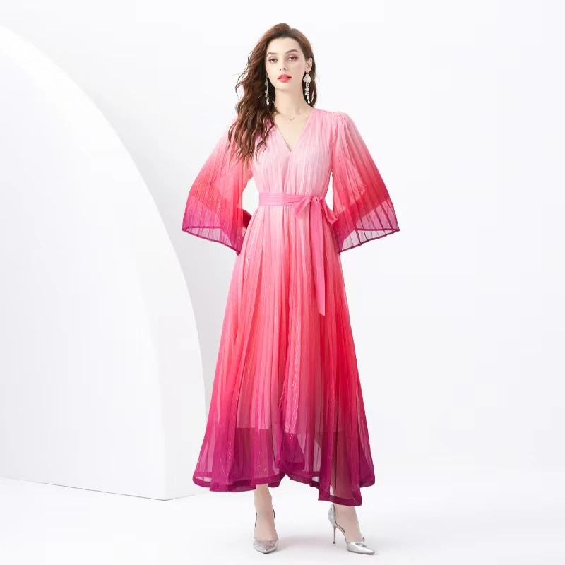 

2024 Summer Holiday Chiffon Ruffles Maxi Dress For Women's V-Neck Flare Sleeve Gradient Color Belt Lace Up Beach Party Robes