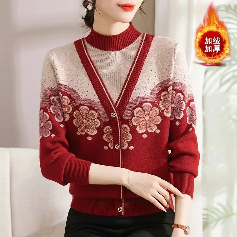 Pulls à fleurs épissés pour femmes, pulls décontractés, col mi-haut, manches longues, pulls avec diamants, vêtements à la mode, automne et hiver, nouveau