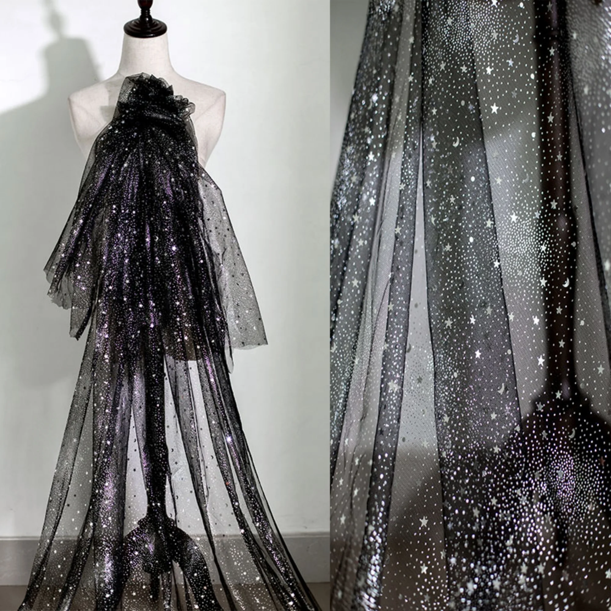 0.5 meter Width 62.99 inches lace fabric,star lace fabric,black soft mesh fabric,Sequins lace fabric,lace for DIY dress