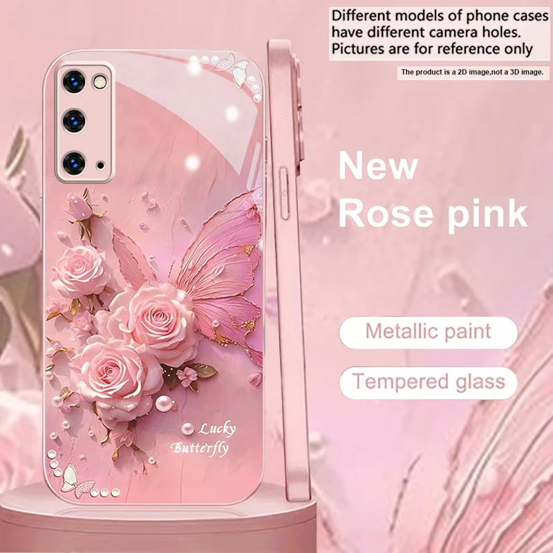 Pearl Rose Butterfly Art Pink Metallic Glass Phone Case For Samsung Galaxy S26 S25 S24 S23 Ultra Plus FE S9 S10 Note9 Back Cover