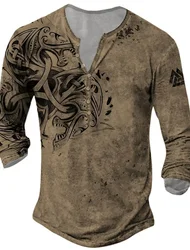 Nieuwe Heren Vintage Henry Shirt Viking Graphic 3d Bedrukte Henry Kleding Outdoor Casual Lange Mouw Print Mode Designer