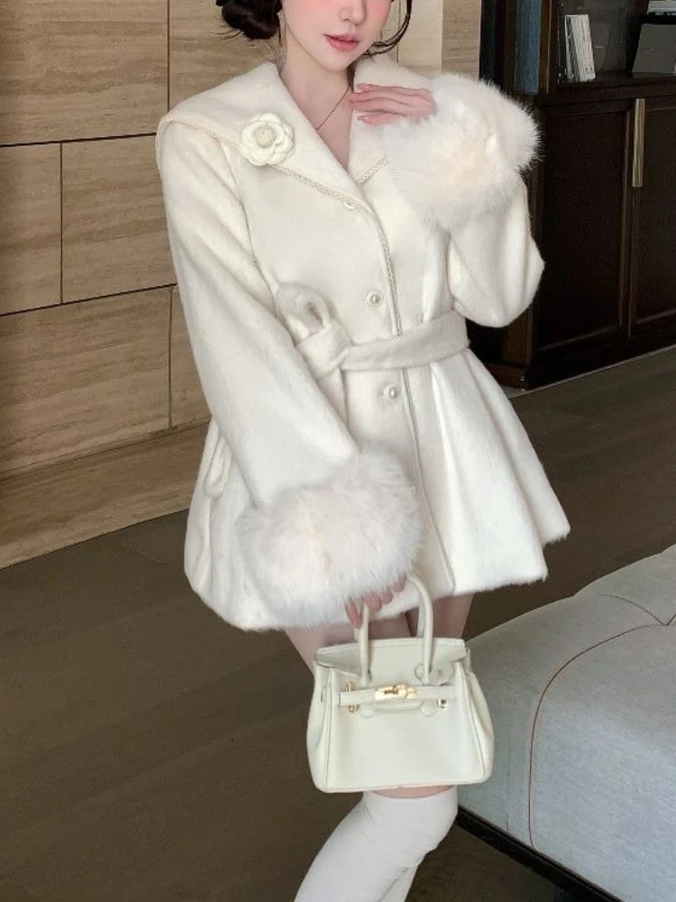 

Vintage Design Solid Floral Loose Coat Women French Style Chic Waist Tie Party Cape Female Autumn Winter Navy Collar Fur Jacket