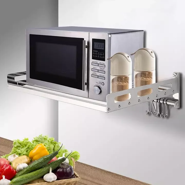 Wall Mount Microwave Oven Shelf Kitchen Item Storage Bracket With 12 Hooks SS201 Stainless Steel Cooker Holder