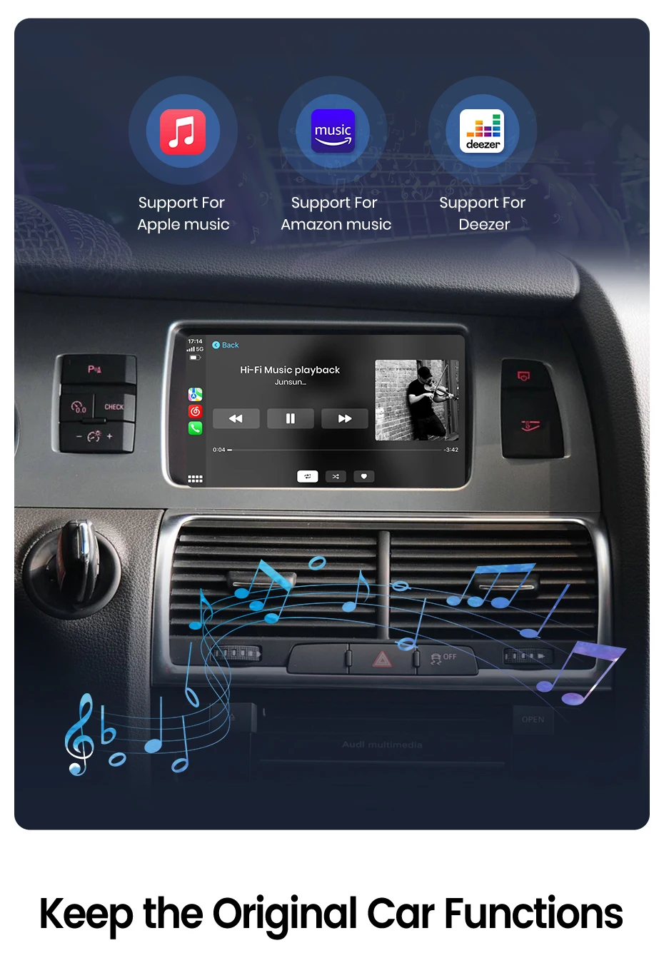 Junsun Wireless CarPlay Android Auto Decoder für Audi A6 C6 A7 C7 2009-2011 für Audi Q7 2010-2015 MMI 3G Airplay Mirror Link – Detail 7