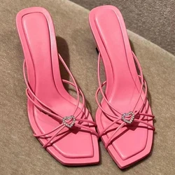 French style slim rhinestone heart-shaped high-heeled slippers with leather sandals for women temperament and open toed sandals