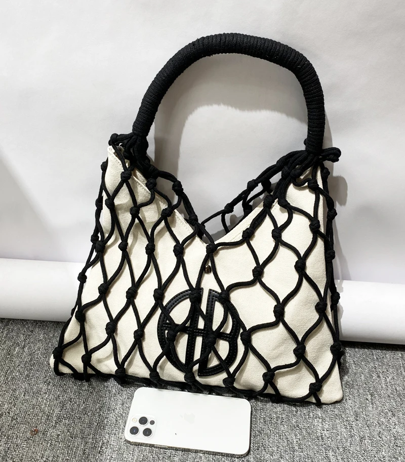 Handwoven Beach Bags For Women Luxury Designer Handbags And Purses 2024 New In Canvas Hollow Out Inner Pocket Underarm Shoulder