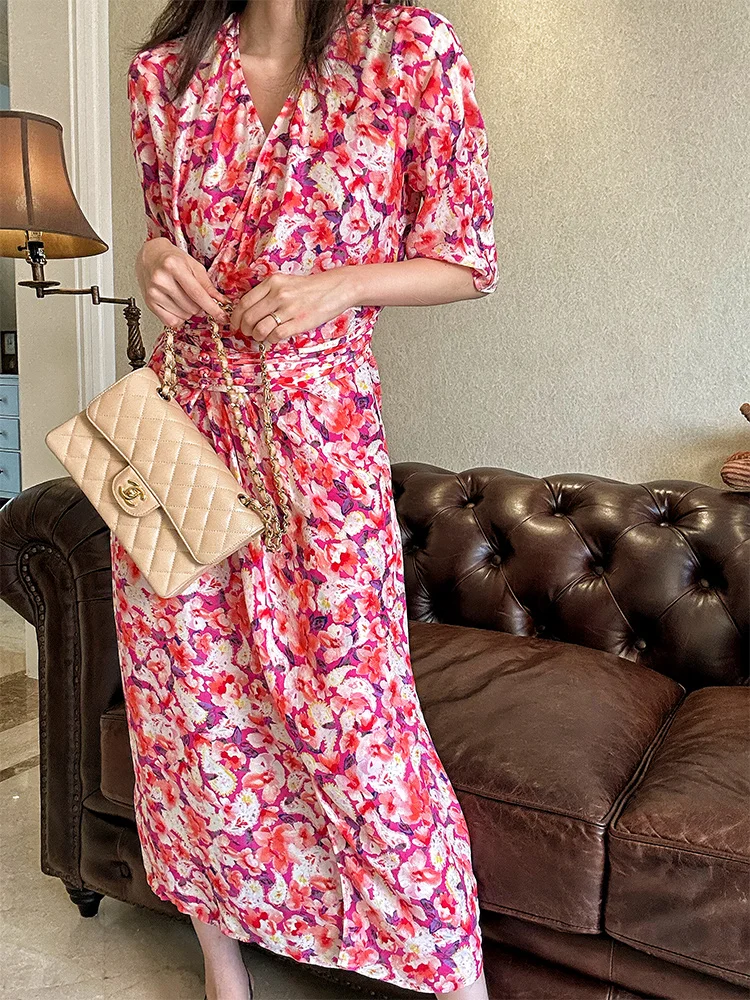 

ZINCCA Summer Slim Fit Long Dr Button Detail Vintage Floral Print High Waist ort Sve Women's Dr H-ape Silhouette