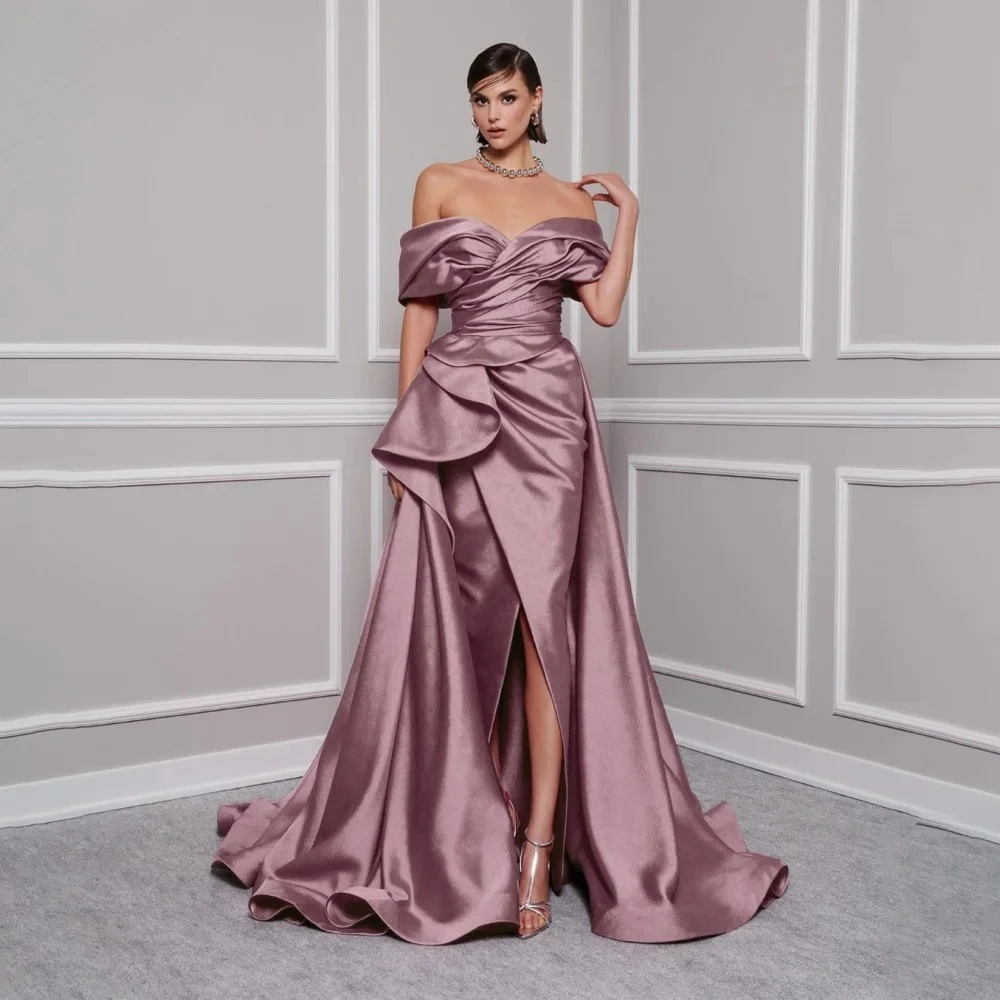 Red Long Prom Dress for Woman Customized Off The Shoulder Satin Pleated Side Split  A Line Sweep Train Formal Party Dresses