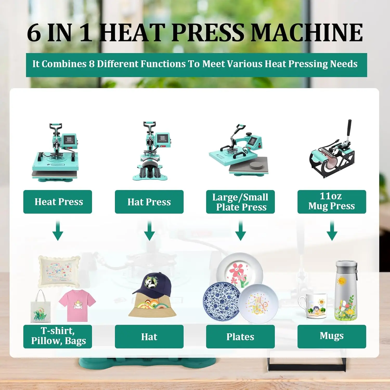 6 in 1 Heat Press Machine 15" x 15" 360° Swing Away Digital Sublimation Heat Transfer Sublimation Combo for T-Shirt Bag Cap Mug