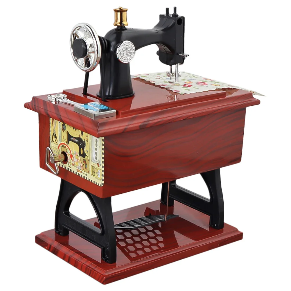

Retro Beautiful Music Box Decoration Brown Plastic Crank Wind Up Gifts Sewing Machine Clockwork Desk Home Bedroom Living Study