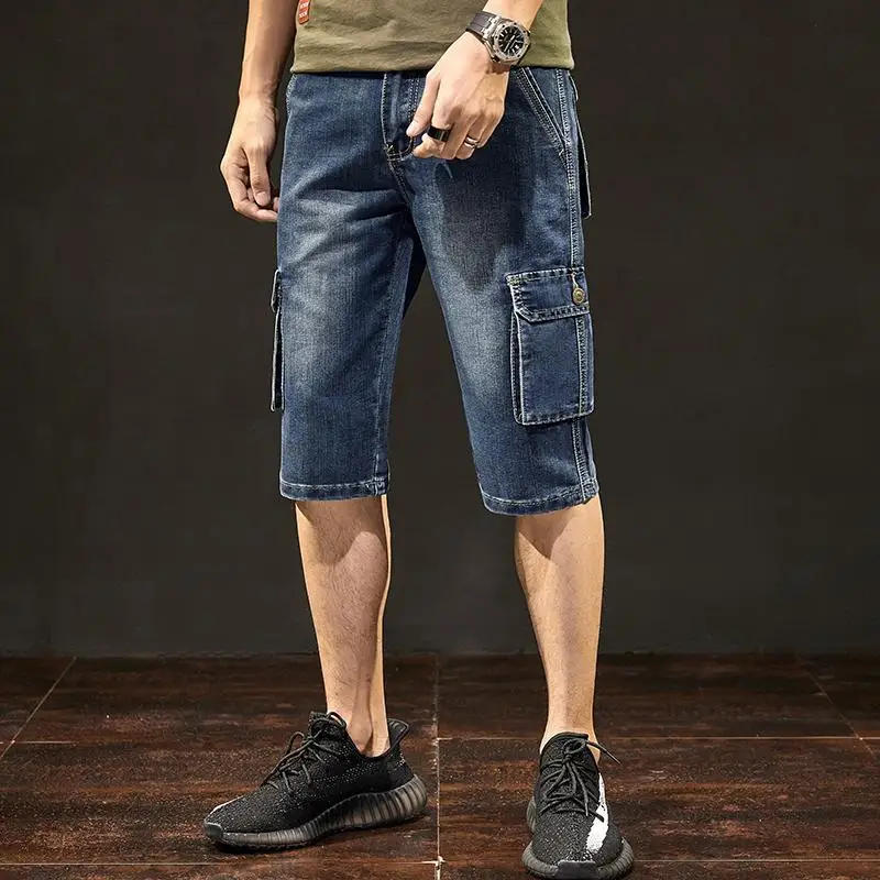 

Men's Multi Pocket Cargo Denim Shorts Loose Fit Hip Hop Streetwear 7 Capri Pants Summer Casual Baggy Jeans