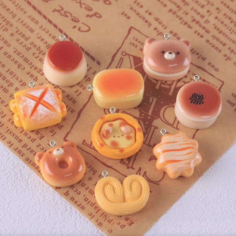 10Pcs Simulated Cartoon Bear Cake Egg Tart Cheese Bread Resin Charms Cute Crafts Pendants for Earring Keychain DIY Jewelry Make