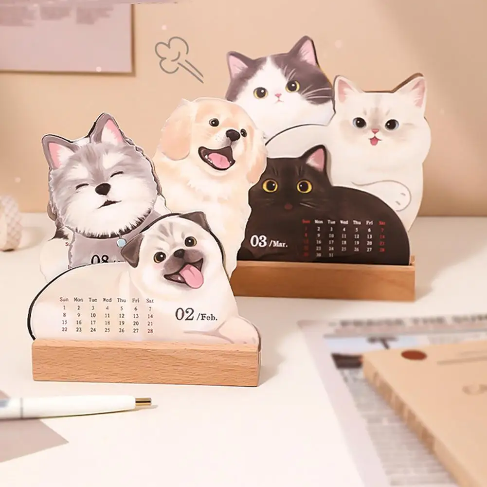 

Wooden Base 2026 3D Cat Dog Series Desk Calendar,Multifunctional Desktop Planner Calendar Yearly Agenda Organizer for Home Offic