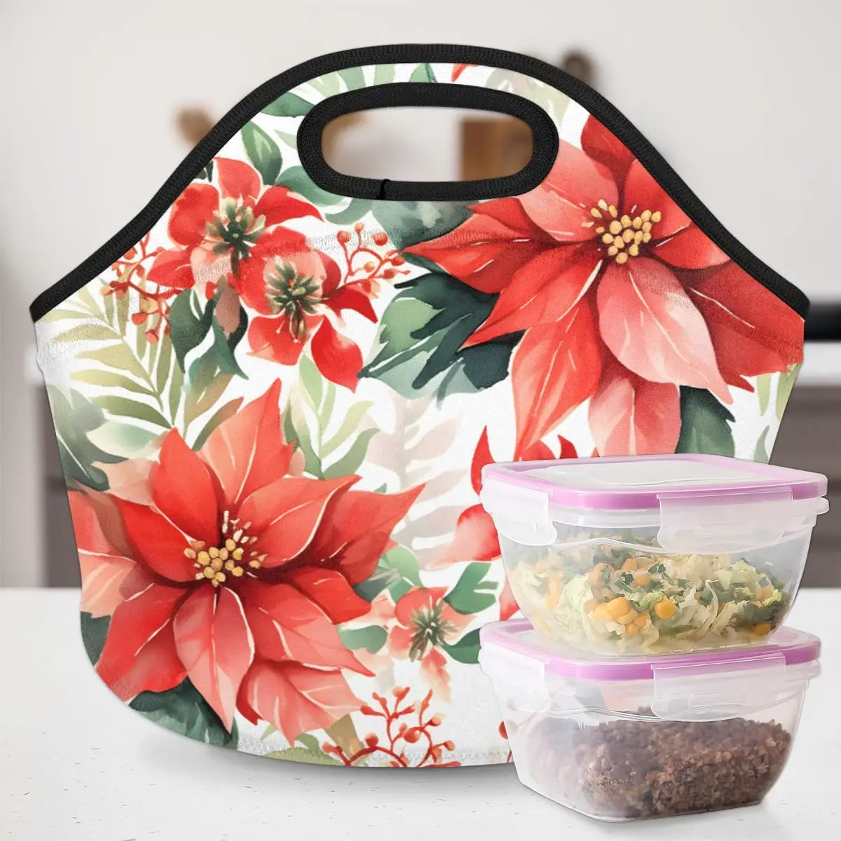 

Winter Christmas Flower Neoprene Insulated Lunch Tote Bag for Women Washable Reusable Lunch Container Box Lightweight