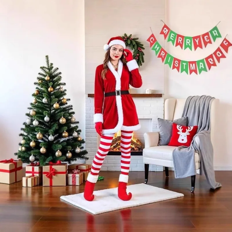 Abito da Babbo Natale rosso da donna, costume da spettacolo natalizio, abito da festa per adulti con decorazione in peluche