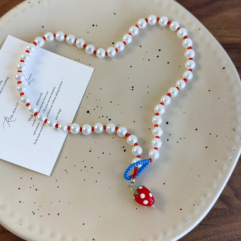 

Minar Funny Red Resin Strawberry Fruit Glass Beads Simulated Pearl Beaded Necklace for Women Handmade Mix Color Strand Chokers