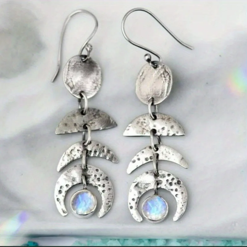 Retro handgemachte Metall halbmond förmige Anhänger Ohrring runde Mondlicht Edelsteine für Frauen tägliche Party Schmuck Geschenke