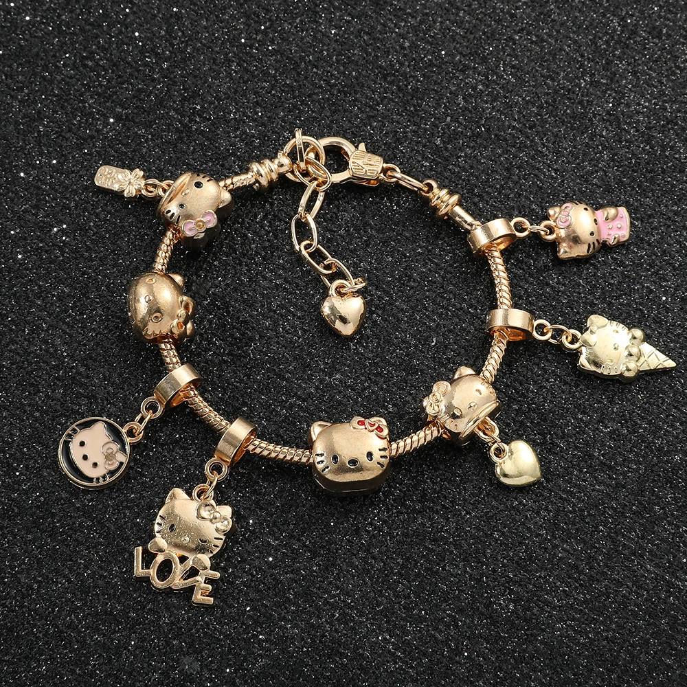 Sanrio Charm Fit Bracelet for Women, DIY Beaded Accessories, Hello Kitty, Handmade Jewelry, Holiday Gifts Gold Color