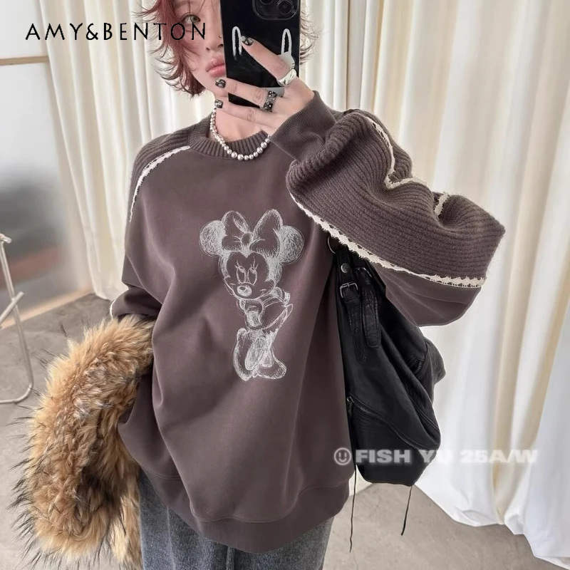 

Winter Cartoon Print Arctic Fleece Knit Hoodies Patchwork Lace Trim Fleece Loose Crew Neck Sweatshirt For Women's Y2k Kawaii Top