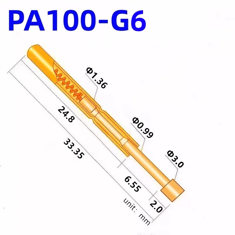 

100PCS PA100-G6 Spring Test Probe PA100-G Test Pin P100-G P100-G6 Test Tool 33.35mm 1.36mm Needle Gold Tip Dia 3.0mm Pogo Pin