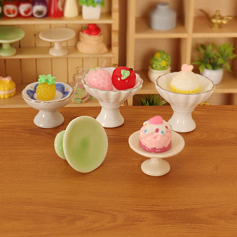 Miniature Food Play House Toys Kitchen Accessories Mini Ceramic Plate Dessert Fruit Plate Tall Tray Model Dollhouse Kitchen Toys