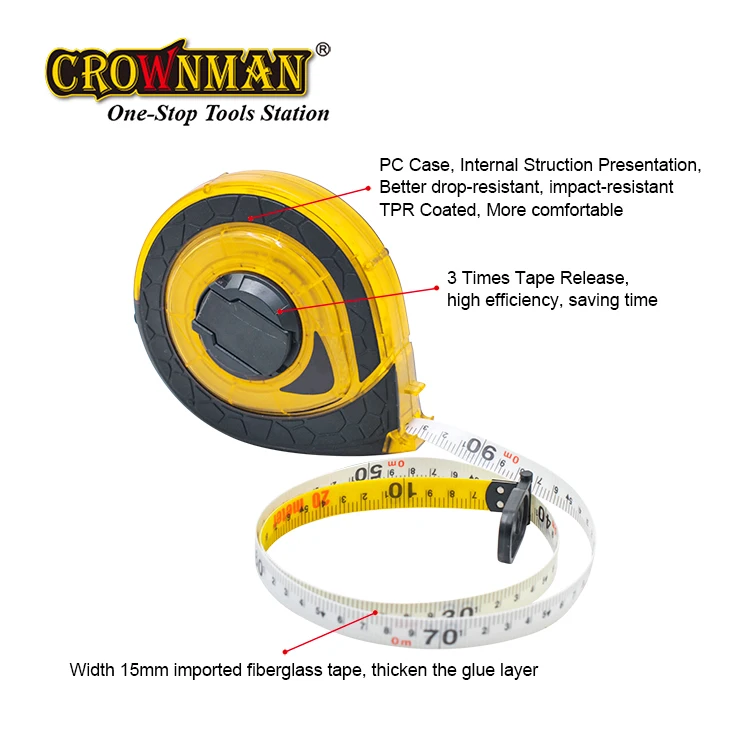 كراونمان أدوات قياس عالية الدقة 3:1 الإفراج السريع العودة 30 متر 50 متر مهندس الألياف الزجاجية أشرطة القياس شريط قياس طويل