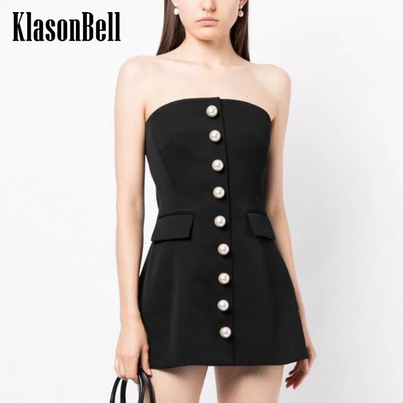 

8.4 KlasonBell Women High Street Wool Blend Pearl Button Decoration Short Dress Fashion Sexy Strapless Package Hip Black Dress