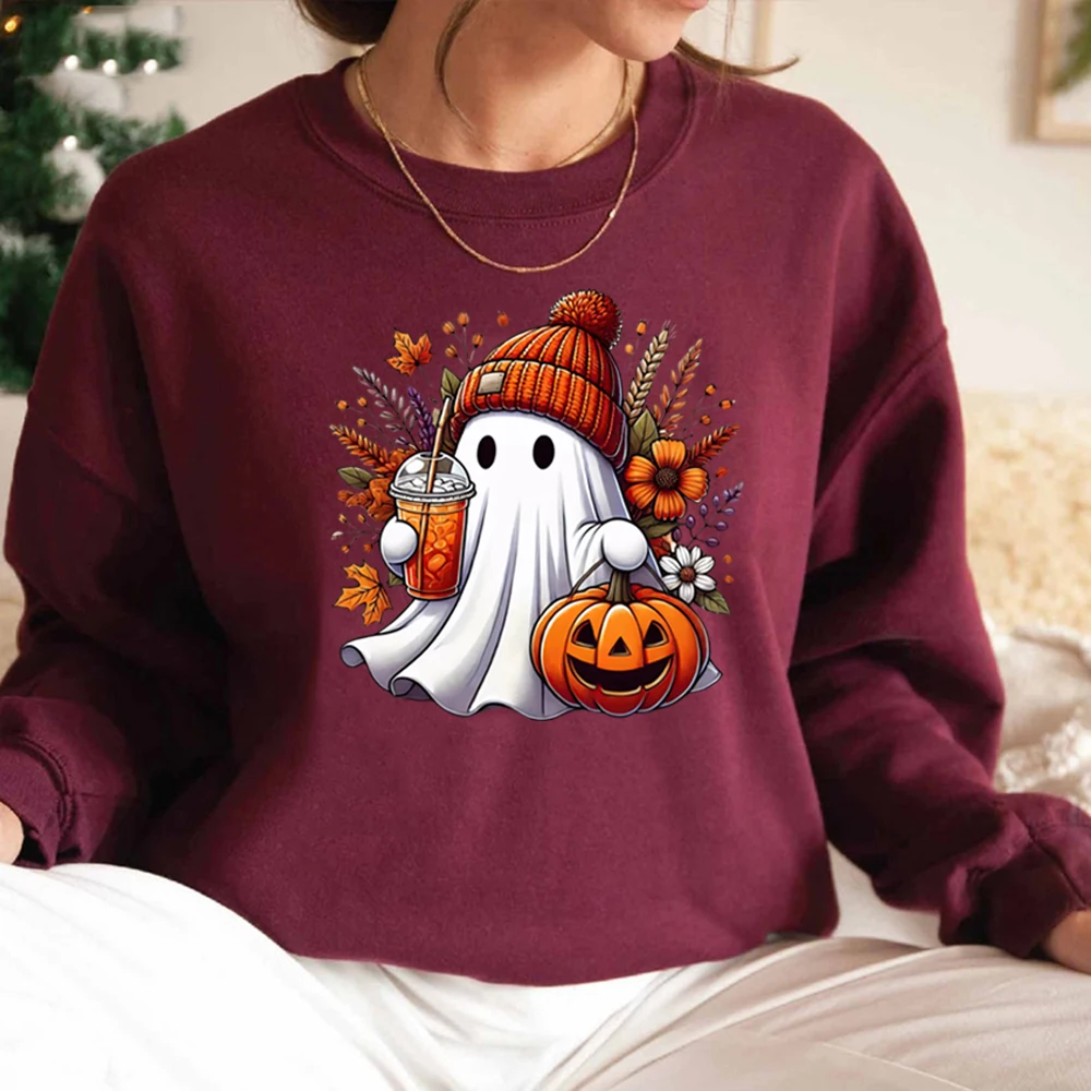 Halloween Cute Ghost Sweatshirt Pumpkin Spice Sweater Women Long Sleeve Sweatshirt Spooky Season Hoodie Trick or Treat Pullovers