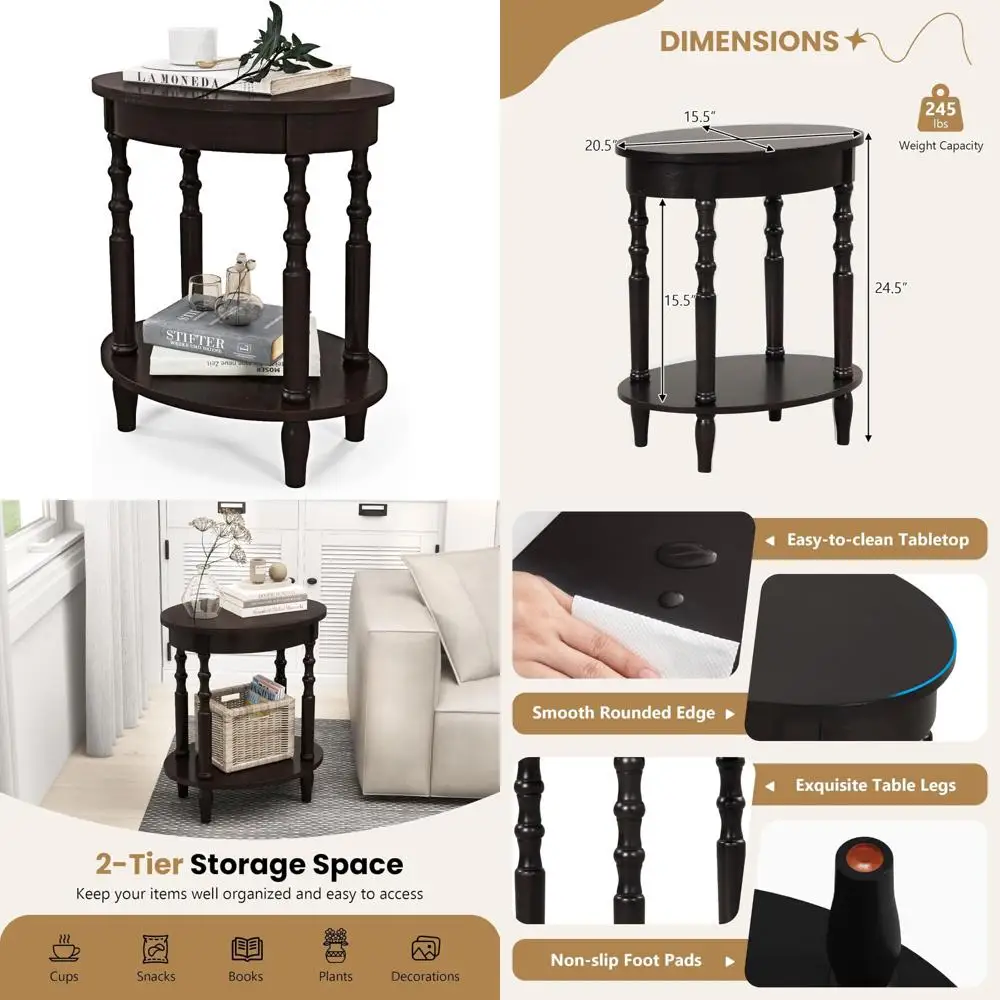 

Oval Two-Level End Table with Storage Shelf, Wooden Legs, Contemporary Accent Table, Compact Nightstand