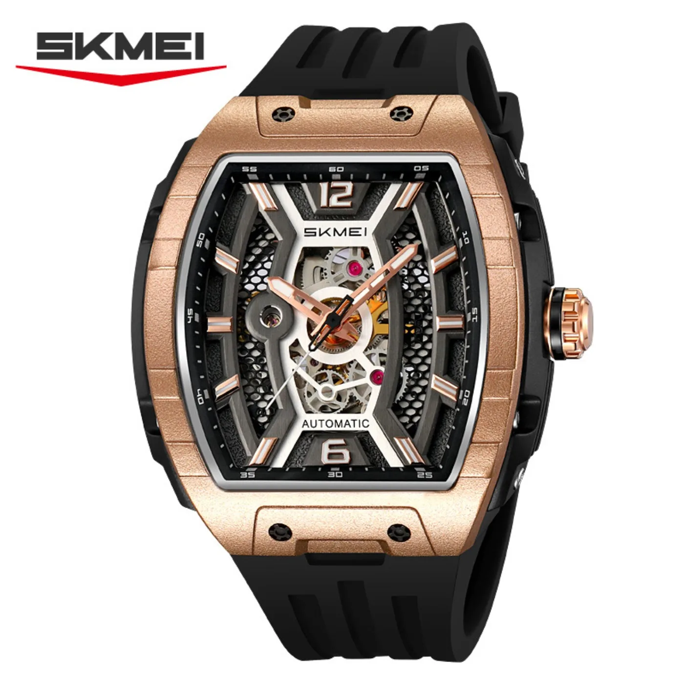 Rose Gold Tonneau Men's Automatic Watch Large Case Skeleton Dial Waterproof Silica Gel Band Luxury Sport Wristwatch M033 view 2