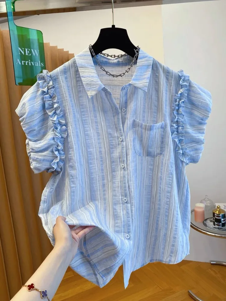 

Лето 2025 г., синяя полосатая рубашка с коротким рукавом, женская корейская блузка с рукавами-пузырьками и воротником с лацканами, топы Mujer Camisas De Mujer