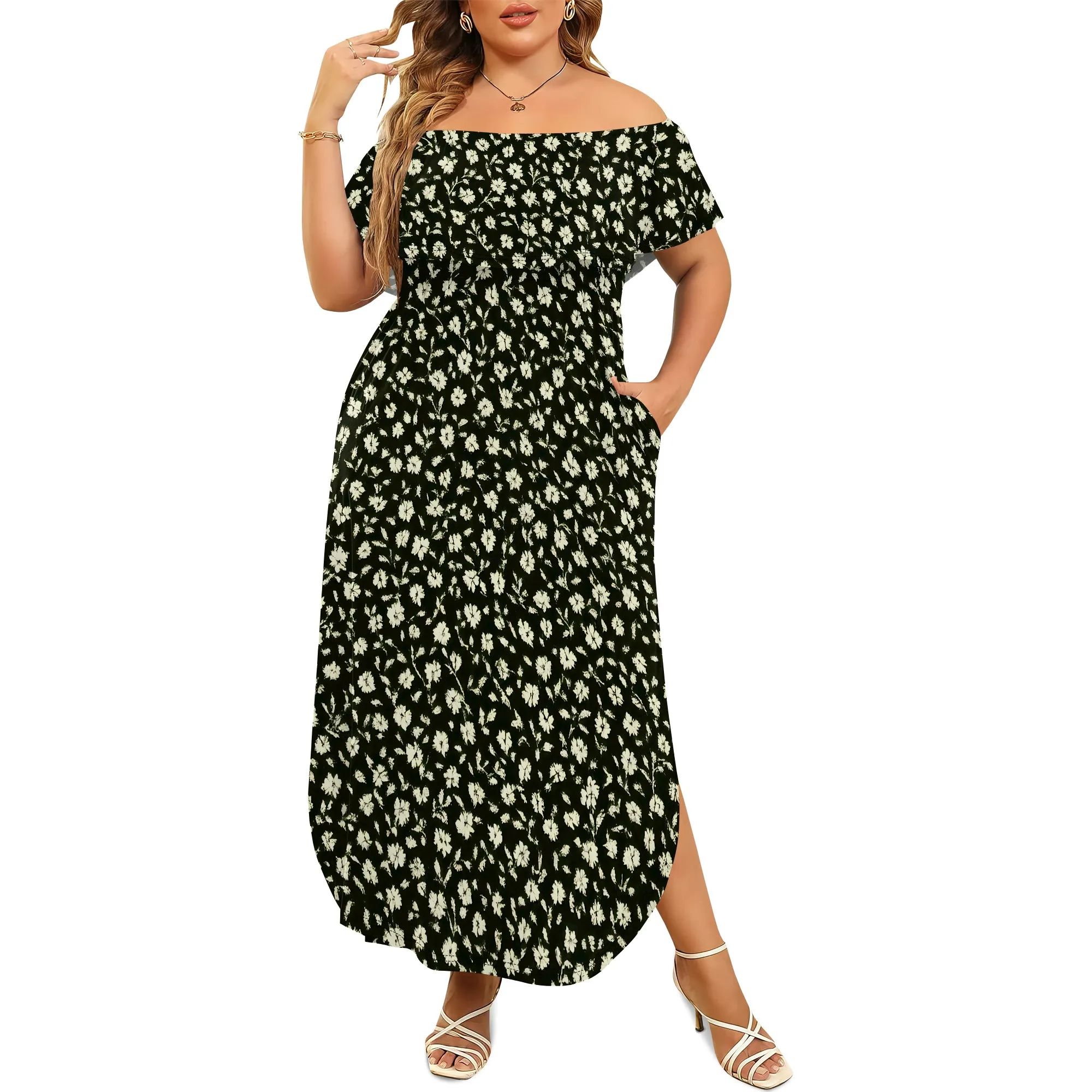 Plus Size Summer Dresses - Boho Casual Off Shoulder Floral Long Maxi Dress with Pockets