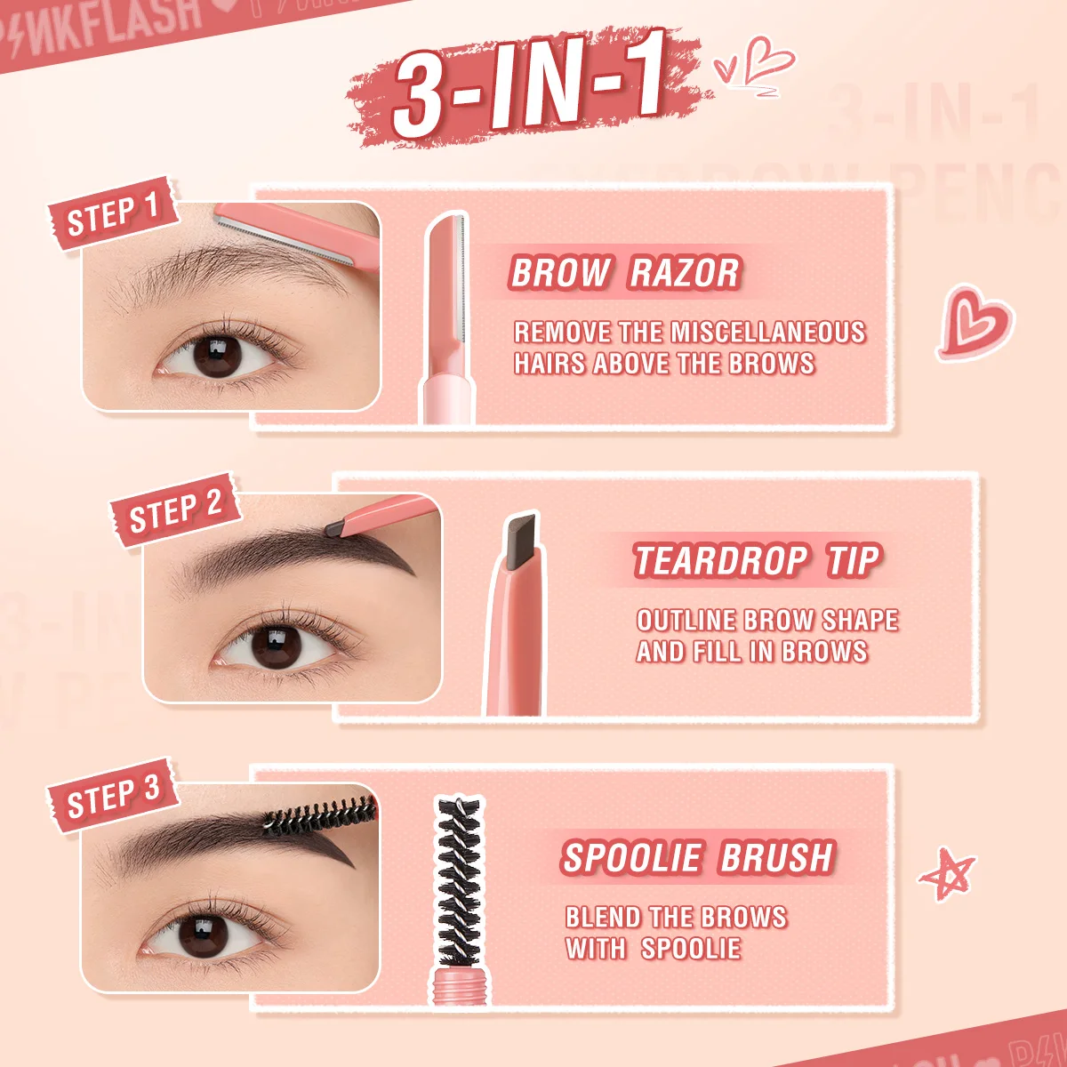 PINKFLASH 3 In1 Multi-use Eyebrow Pencil Waterproof Natural Eyebrow Enhancers Sweat-proof Eye Brow Tattoo Pen Makeup Cosmetics