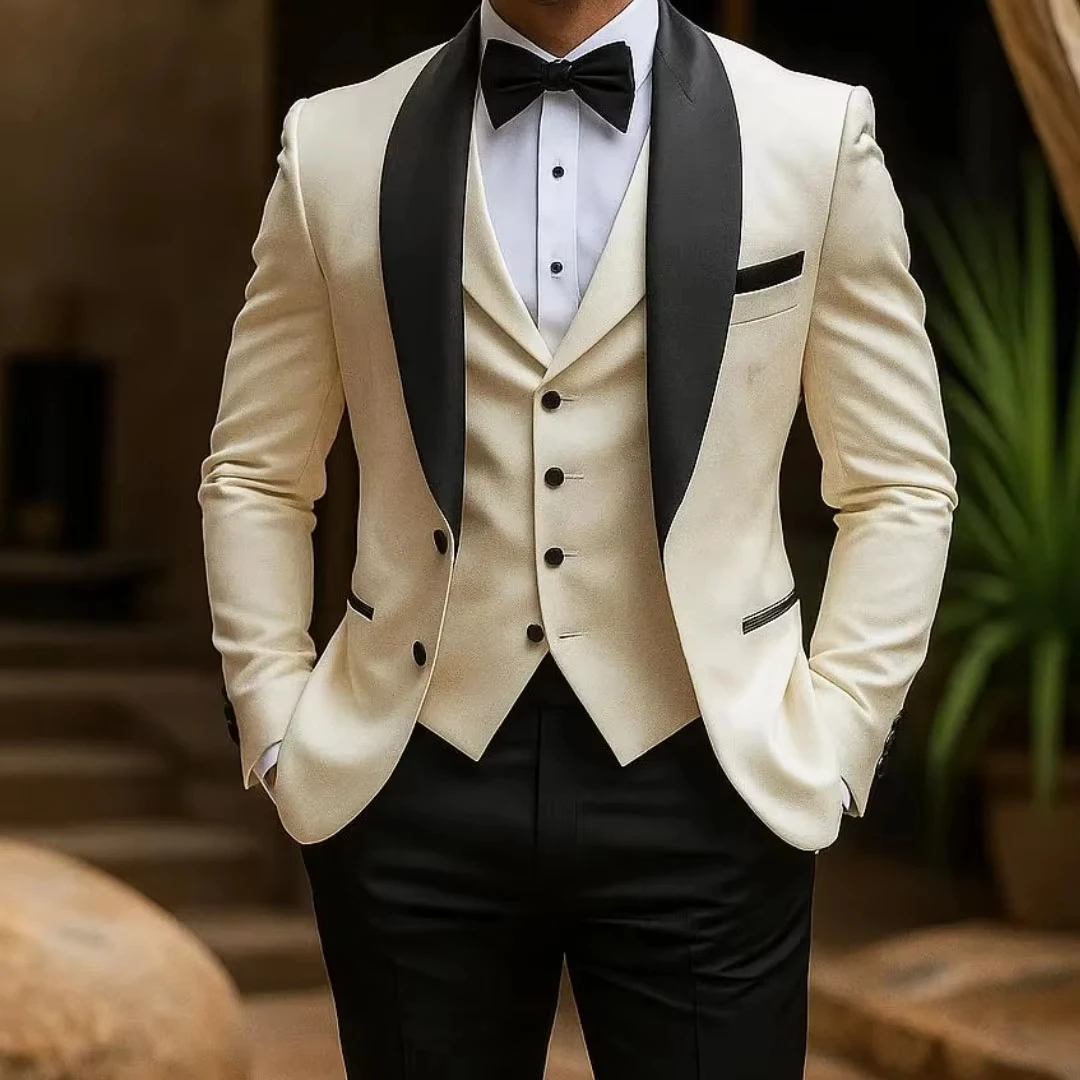 

Мужской костюм из 3 предметов: белый и черный, с лацканами, на одной пуговице, для свадьбы, деловых мероприятий, банкетов, вечеринок, офиса, повседневной работы, пиджак, жилет, брюки