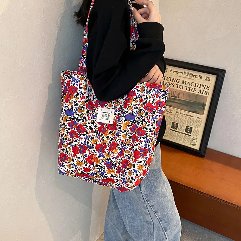 Fashion Vintage Floral Cotton Fabric Shopping Bags Large Capacity Casual Shoulder Bag Reusable For Women Vacation Shopping