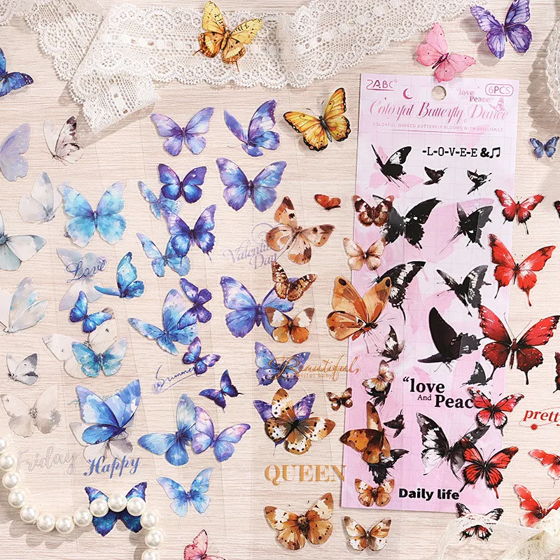 

Journamm 6 Sheets Colorful Butterfly PET Materials Creativity Collage Junk Journal DIY Scrapbooking Supplies Decor Sticker