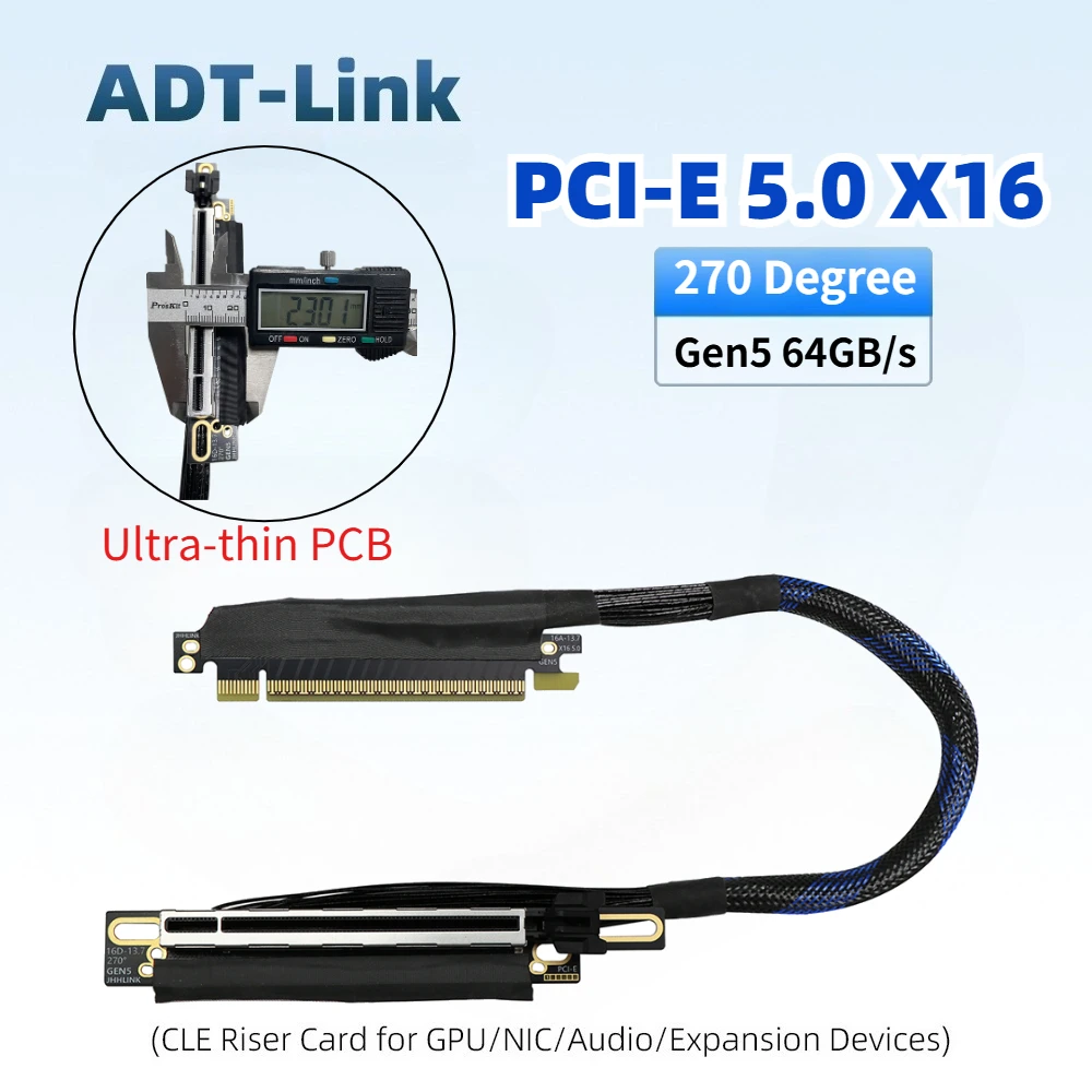 

16AD5Z 270 Degree Right Angle Graphics Card Extender Cable PCIe 5.0 x16 Silver-Plated GEN5 Adapter Cable Ultra-thin Reverse Fold