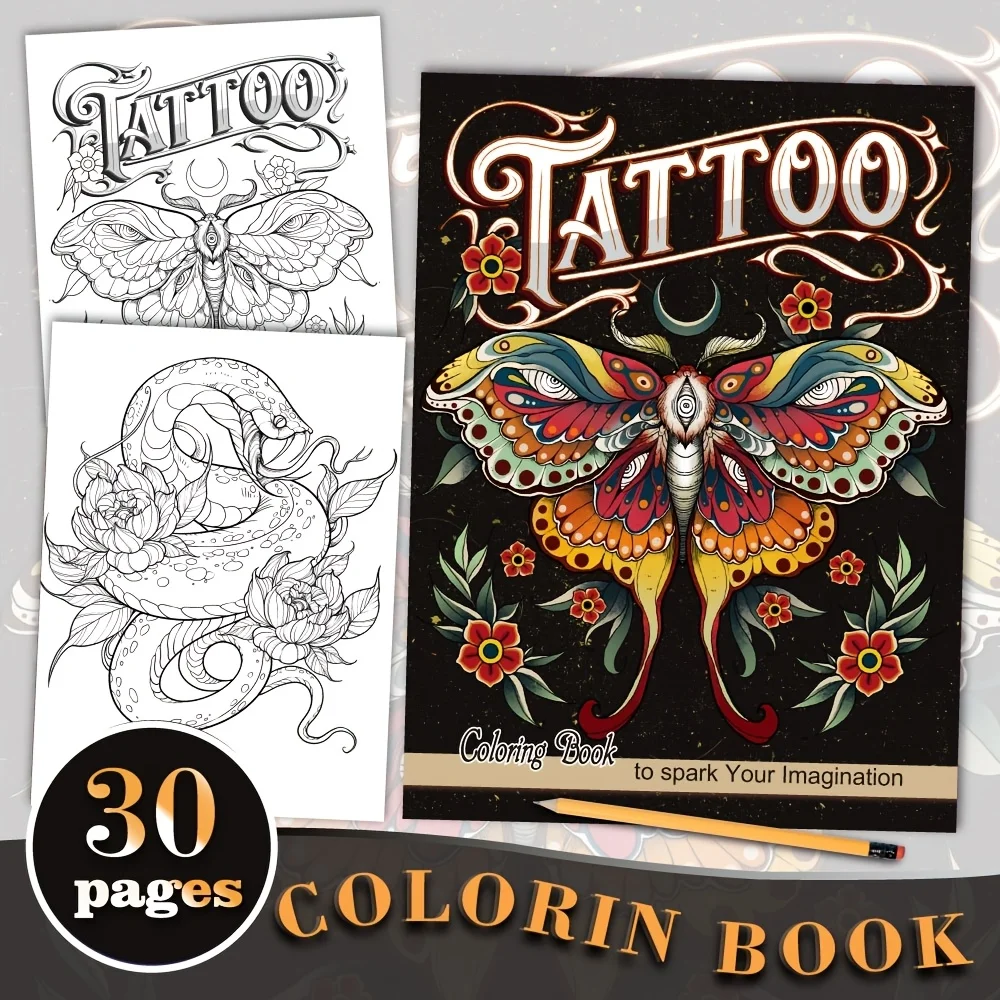[Livre de coloriage de bonheur pour adultes] Livre de coloriage pour adultes amélioré de 34 pages - 8. 3X 11. 7 pouces, activités de coloration de pleine conscience, dessins de tatouage colorés, papier - Parfait comme cadeau pour les anniversaires, Halloween, Thanksgiving, Noël, fête des mères, Saint-Valentin