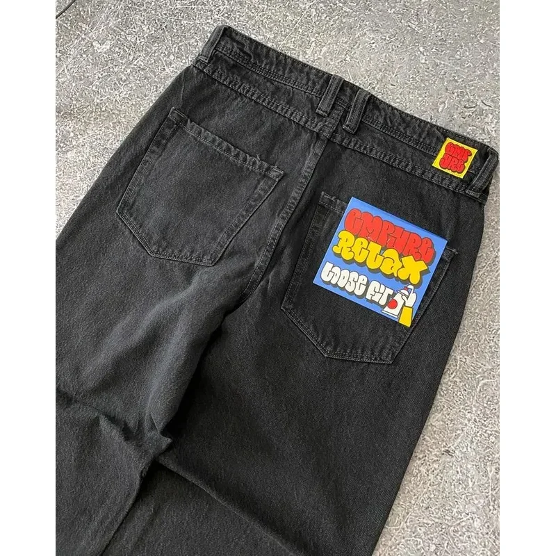 Graphic Gothic Cartoon Bordado Jeans Baggy, Calças Pretas para Homens e Mulheres, Calças de Perna Larga, Streetwear Y2K Hip Hop, Empyre, Novo