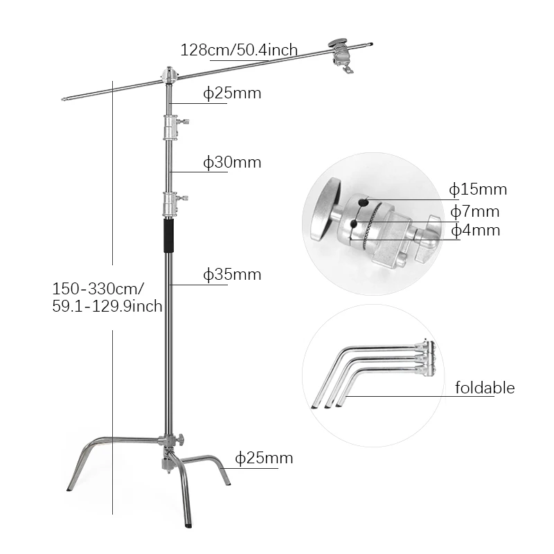 3.3m Heavy Duty Stainless Steel C Stand Photography Light Stand with Boom Arm Grip Head Carry Bag Adjustable Studio Light Stand
