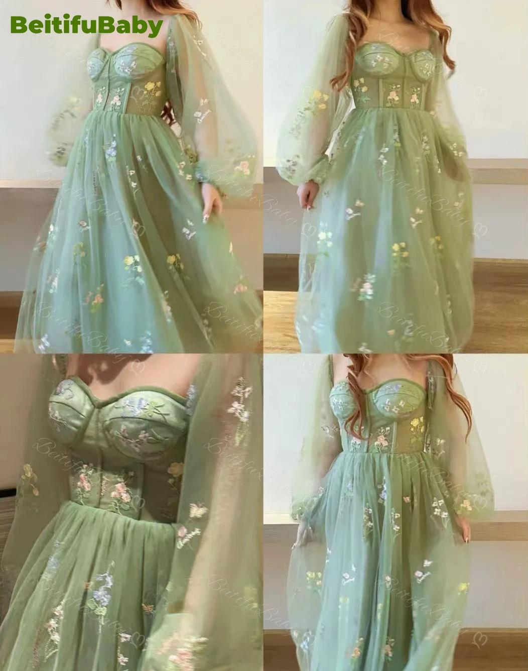 

BeitifuBaby Party Dresses for Women 2024 Elegant Dubai Lace Embroidered Puff Long Sleeve Ball Gown Elegant Dress Vestidos Robe