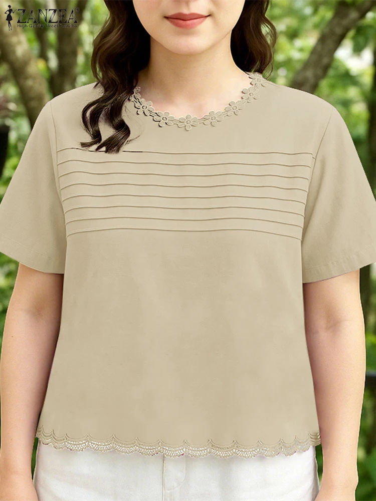 2025 Camicetta estiva con finiture in pizzo ZANZEA Donna Elegante O Collo Manica corta Top da lavoro Moda Vacanza Blusas Camicia allentata casual Mujer