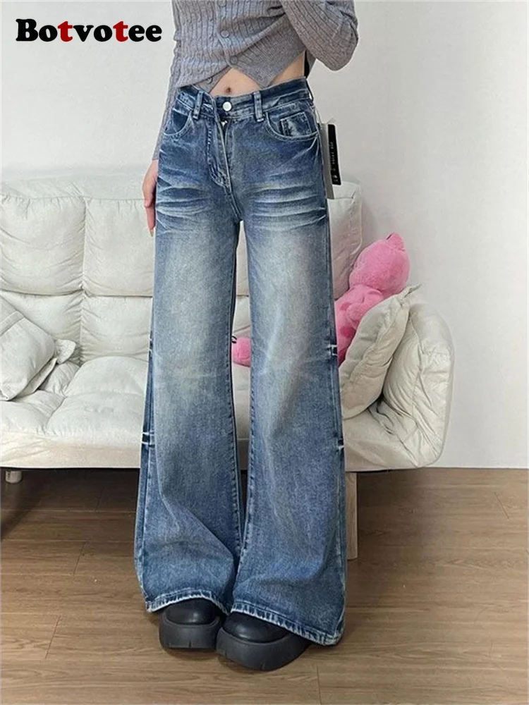 

Botvotee Винтажные потертые джинсы Bootcut для женщин - широкие джинсовые брюки с высокой талией 90-х годов, расклешенные брюки в стиле ретро, удобные свободные брюки
