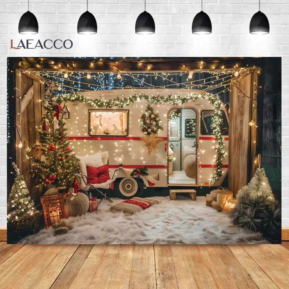 Laeacco Christmas Camper Photography Backdrop Winter Snowy Pine Trees Mini Bus Baby Birthday Family Holiday Portrait Background