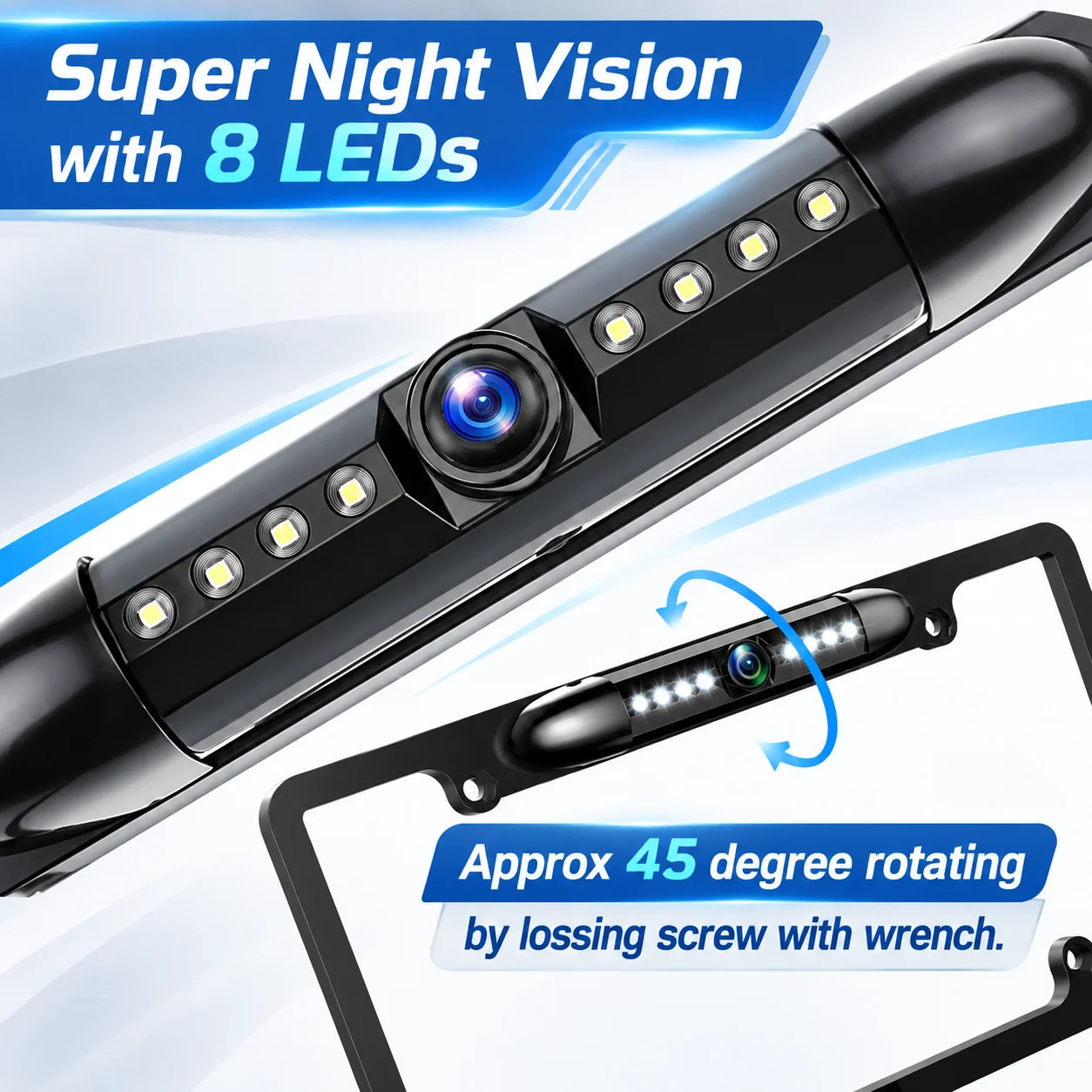 License Plate Backup Camera 170° Wide Angle 8 LED Night Vision HD Rear View Camera IP68 Waterproof Universal Car Reversing Camera Frame Mount USA Stand