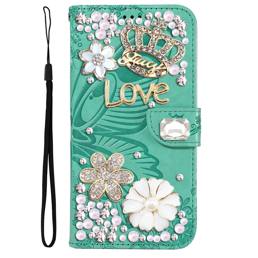 

Leather Phone Case for iPhone 15 16 14 13 Pearl Cover 11 12 Pro Handmade Jewelled Pearl Shell Bag with Diamond Bling Glitter Gem