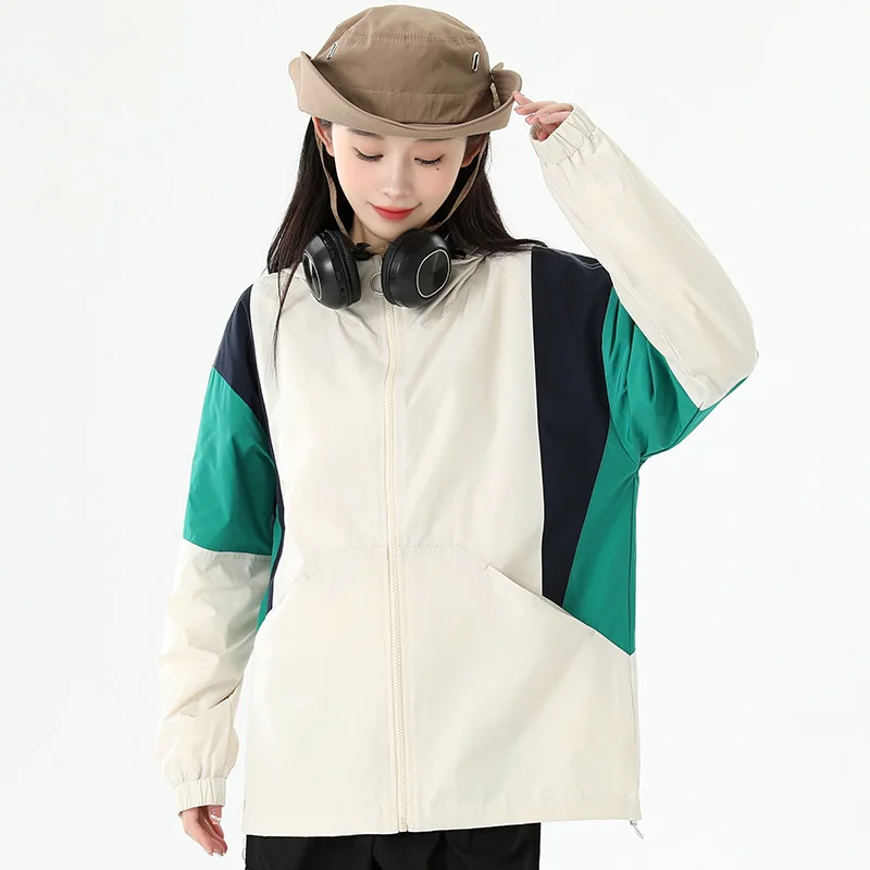 New Female Versatile Fashion Contrasting Color Patchwork Hooded Coat For Women'S Trend Spring And Autumn Loose Casual Jacket