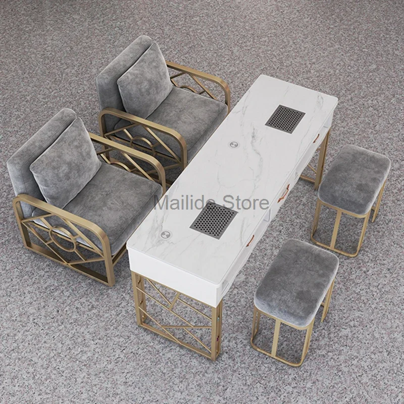 Nordic Wrought Iron Nail Tables For Commercial Furniture Nail Station Light Luxury Upscale Multifunction Marble Manicure Tables