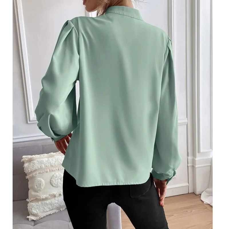 Elegant Temperament Female Clothing Solid Loose Fitting Lantern Long Sleeves Blouse Half Open Collar Pleated Pullover Shirt